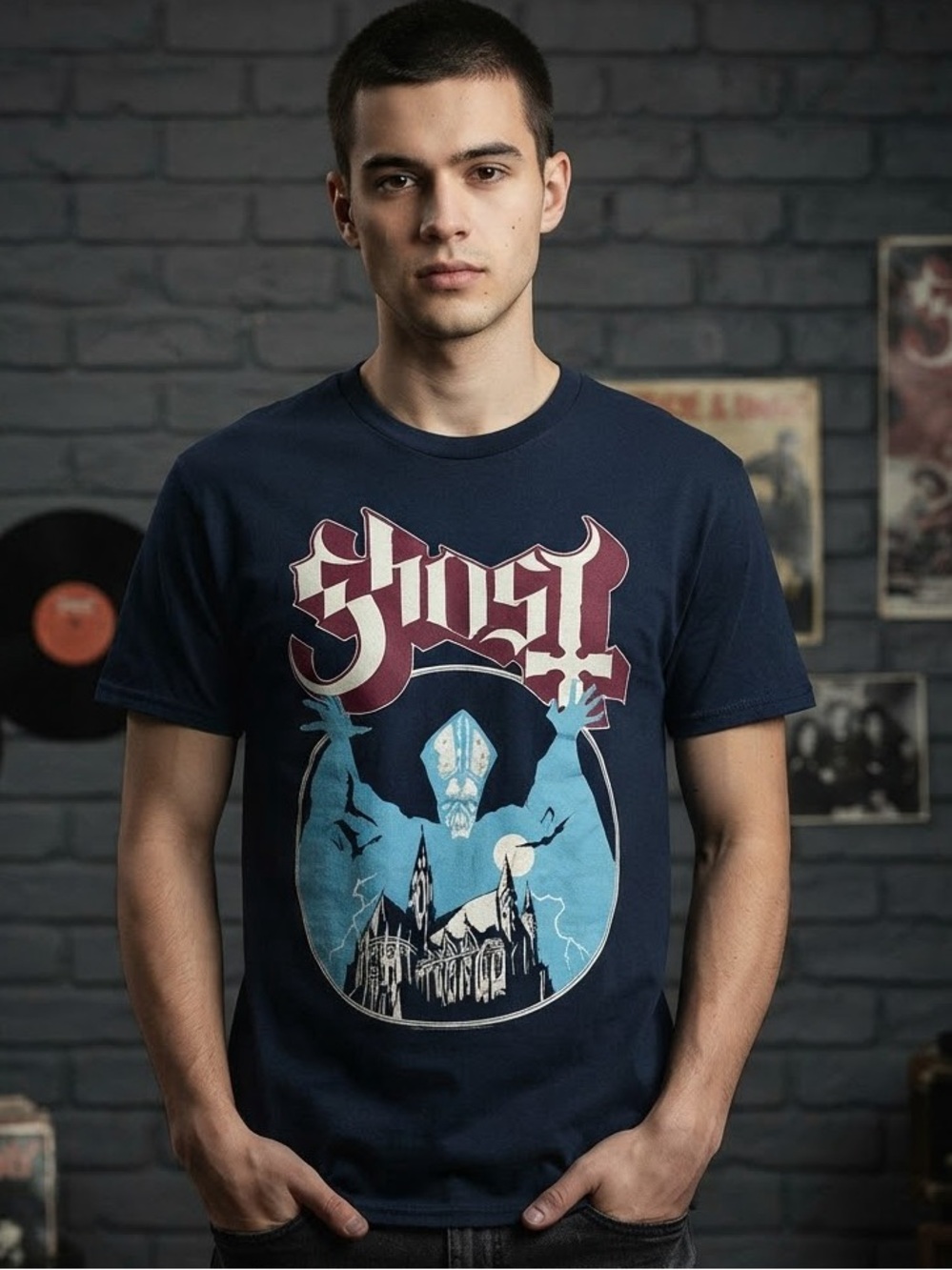 GHOST Crest Graphic Short Sleeve Tee M 19.5” p2p Black/Blue EUC